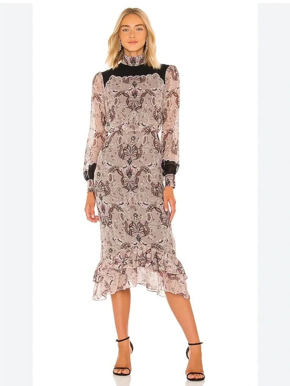 Saloni Isa Scallop Black Mauve Paisley Print Silk Scalloped Ruffle Midi Dress 8